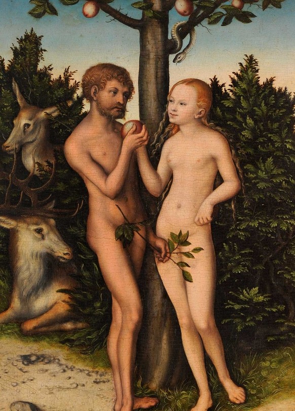 Ève tend la pomme à Adam: la chute de l’homme représentée par Lucas Cranach l’Ancien, 1532.
https://commons.wikimedia.org/wiki/File:Lucas_Cranach_d.%C3%84._-_Adam_und_Eva_(Magdeburg).jpg?uselang=fr